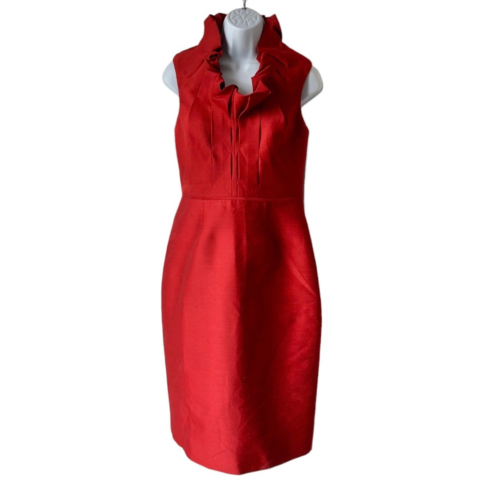 Lela Rose Red Cocktail Sheath Dress Ruffle Collar Silk Blend